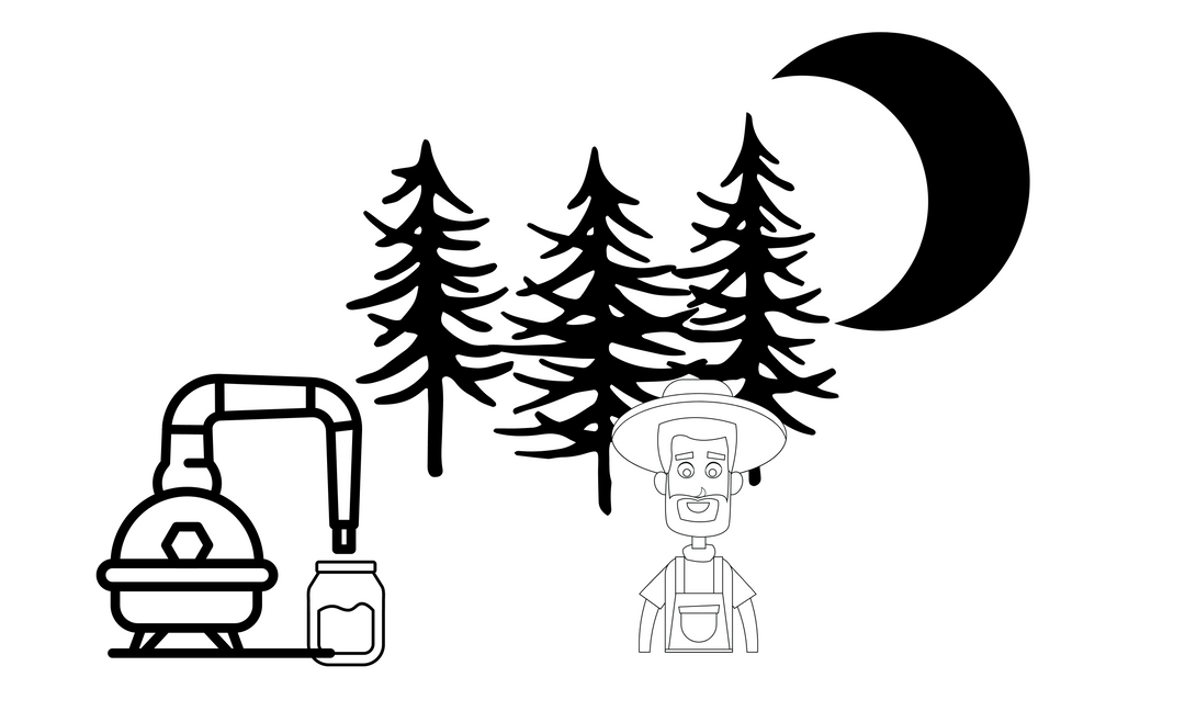 Einfache Linienzeichnung mit einer Destille, einem Moonshine-Glas, Pinien, einem älteren Mann mit Hut und Halbmond im Hintergrund.
